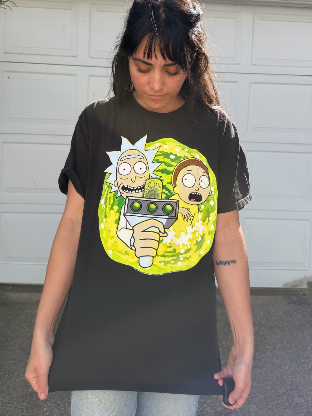 Black Kids' Rick and Morty Graphic Tee with Lime Green Portal